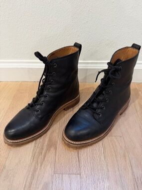 Madewell Women’s Black Leather Lace-Up Combat Boots with Tan Welt